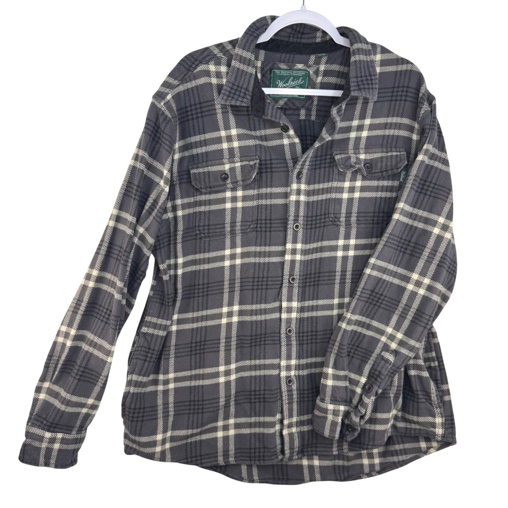 Woolrich‎ Mens Long Sleeve Plaid Flannel Shirt Charcoal Grey Cream XL Heritage